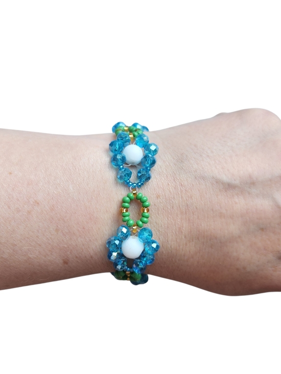 Hand Crafted Jewelry - Blue and Green Beaded Floral Bracelet With Jade Center Stones